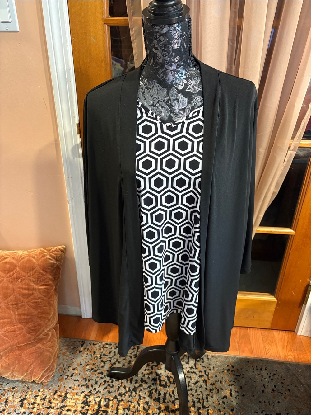 Susan Graver Black Open Front Cardigan with Black & White Geometric Tunic, 1X